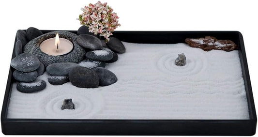 Handmade Zen Garden Pebble Tealight Candle Holder Set Quiet Spring with Free Zen Garden Tools, Sand, Base Tray and Accessories