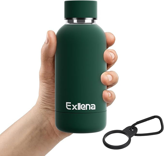 Small Water Bottle 12oz with Clip, Double Wall Stainless Steel Vacuum Small Insulated Water Bottle Keeps Drinks Cold 24 Hrs/Hot 12 Hrs for Kids Handbag School BPA Free (Emerald Green)