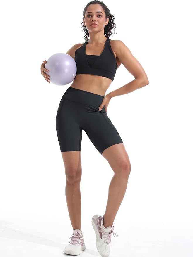 CADMUS Women's High Waist Spandex Yoga Shorts for Bike Running Two Side Pockets