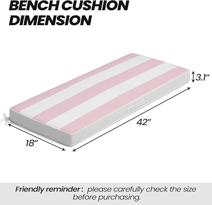 Crestlive Products Outdoor Bench Cushion 42 x 18 Inch, Waterproof Patio Bench Cushions for Outdoor Furniture, Porch Swing Replacement Pad with 30D Foam, Adjustable Straps, Pink White Stripe
