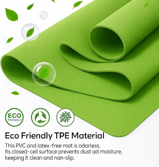 Yoga Mat Extra Thick 6mm Non-Slip Exercise Mat for Women and Men, Eco-Friendly TPE, Lightweight & Durable for Home, Gym, Pilates & Fitness 72" × 24" × 1/4" (~6 mm)