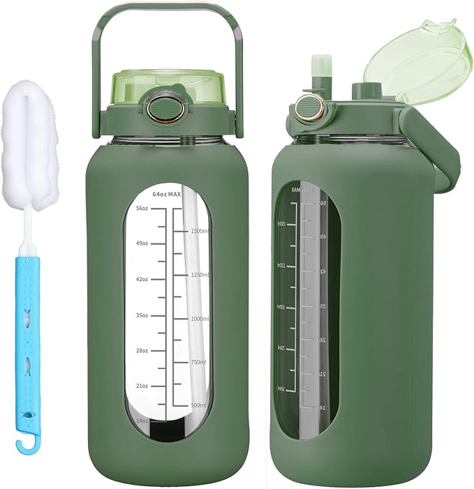 42oz/52oz/64oz Glass Water Bolttles with Straw Half Gallon Large Motivational Water Bottle with Time Marker Sports Water Bottles with Silicone Sleeve and Handle Lid Water Jug for Gym Workout
