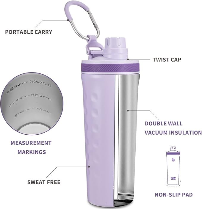 BOTTLE BOTTLE 26 oz Insulated Shaker Bottle Stainless Steel Water Bottle with Wire Whisk, Reusable Protein Shaker Gym Water Cup Purple