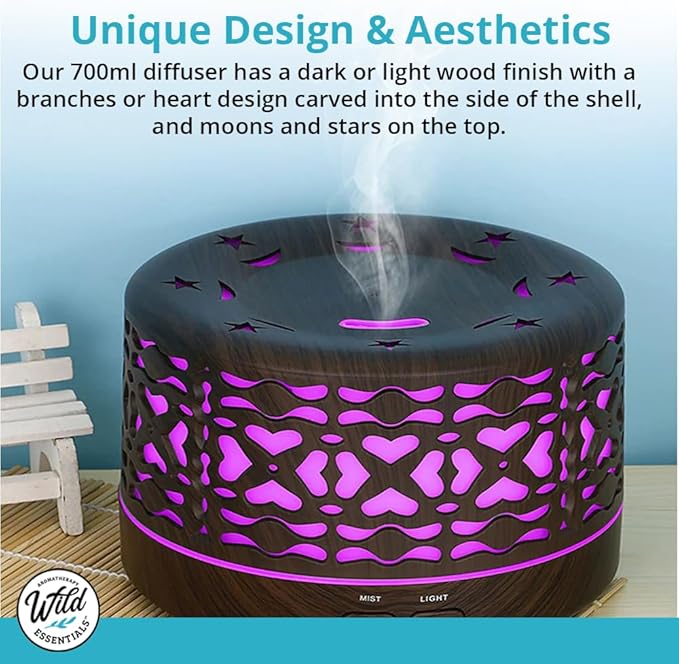 Wild Essentials 700ml Designer Large Room Essential Oil Diffuser, 5 in 1 Ultrasonic Aromatherapy Vaporizer Cool Mist Humidifier, Home, Office, Bedroom, Timer, Auto-Off, 7 Color LED (Dark Wood Hearts)
