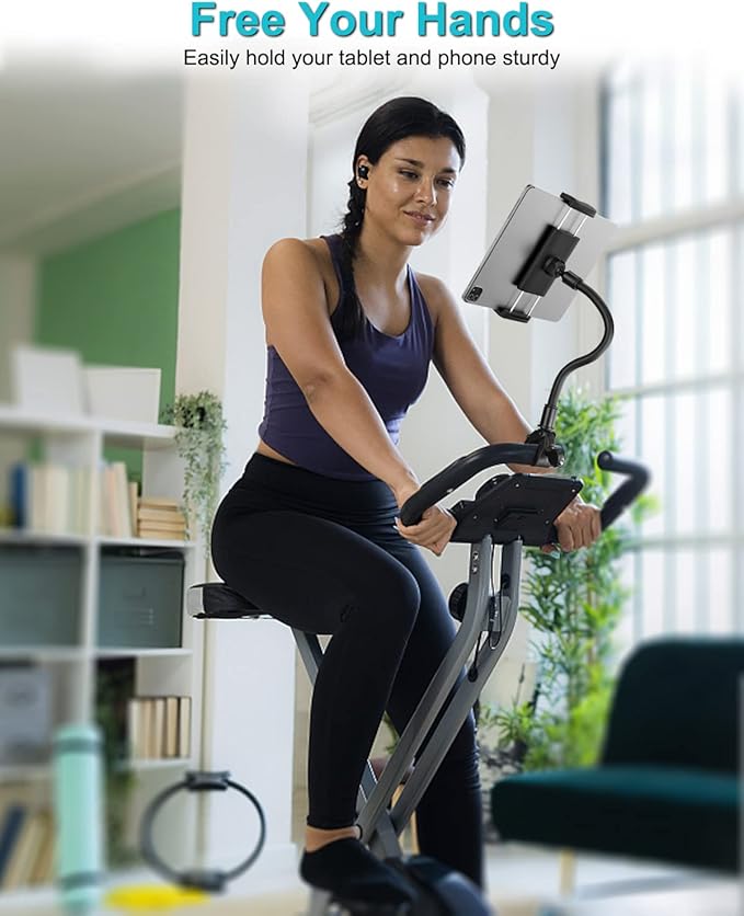Gooseneck Indoor Cycling Tablet Mount, Spin Bike Tablet Holder for Stationary Treadmill Elliptical, 360° Rotation Handlebar Clamp for iPad Pro Mini Air, Galaxy Tab/Z Fold, iPhone,4-12.9" Device