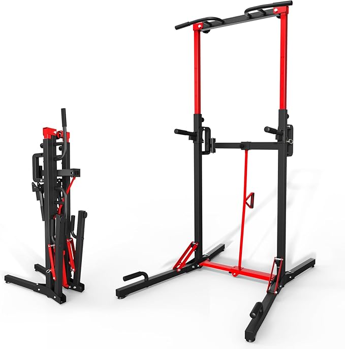 ONETWOFIT Foldable Power Tower Pull Up Bar Station, Multi-Function Adjustable Height Dip Station for Home Gym Workout, Strength Training Fitness Equipment, Pull Up Stand