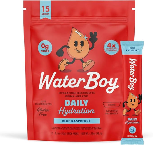 Waterboy Daily Hydration | 1,570mg Electrolyte Powder Packets | No Sugar, All Natural, Gluten Free, Zero Calories | 15 Drink Stick Mixes (Blue Raspberry)