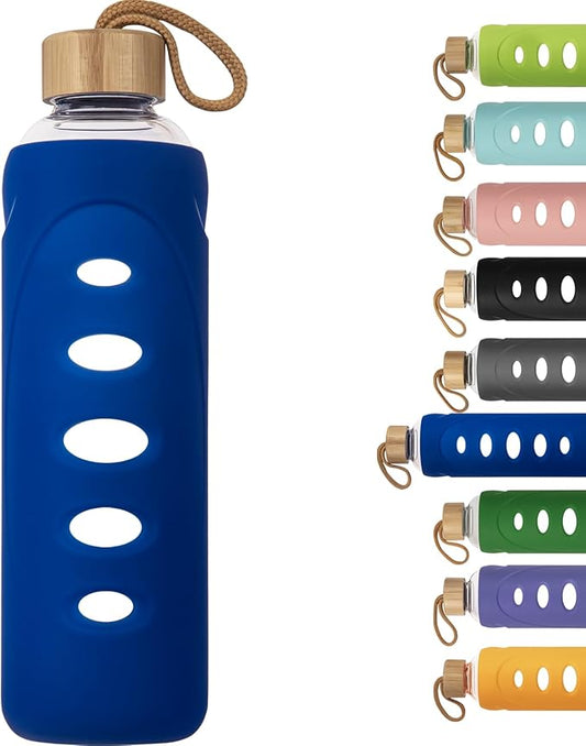 Sport 32oz Glass Water Bottle 1000ml /1 liter Borosilicate Glass Water Bottle Reusable Waterbottle Jugwith Silicone Sleeve and Unique Lid (Blue