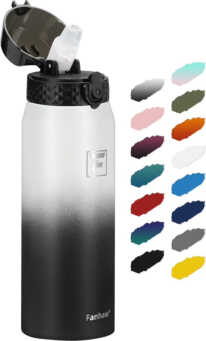 Fanhaw 24 Oz Stainless Steel Insulated Sports Water Bottles with Straw for Kids, Men and Women (White Black)