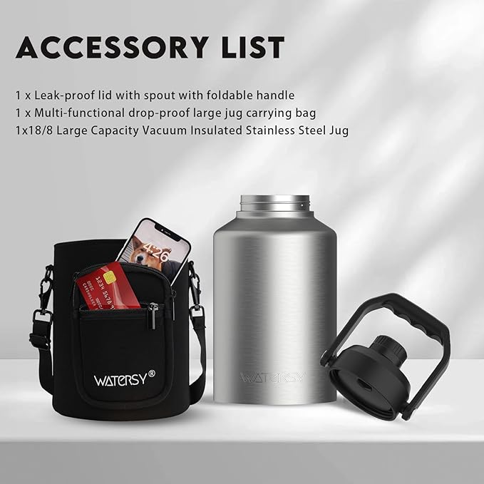 Half Gallon Water Bottle Insulated(Cold for 48 Hrs),BPA Free&Leak Proof,64oz Stainless Steel Water Jug/Flask,Big thermo,Large Water Bottle with Handle for Gym,Hiking,Camping,Stainless