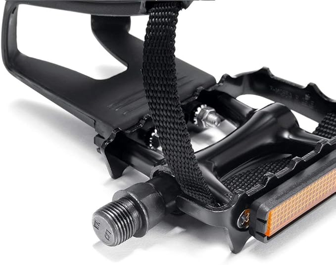 Bike Pedals with Clips and Straps for Outdoor Cycling and Indoor Stationary Bike 9/16-Inch Spindle Resin/Alloy Bicycle Pedals