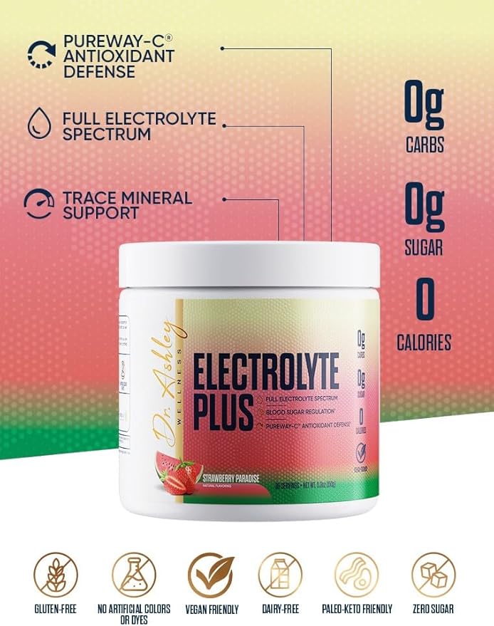 Electrolyte Plus Powder Drink Mix | Full Spectrum Electrolytes – Gluten Fee and Zero Sugar for Max Hydration | 30 Servings (30 Serving, Strawberry Paradise)