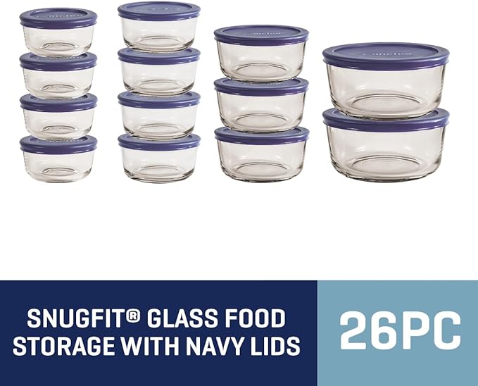 Anchor Hocking 26 Piece Glass Storage Containers with Lids (13 Glass Food Storage Containers & 13 Navy Blue SnugFit Lids)