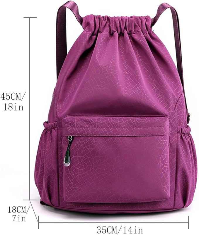 HOLYLUCK Drawstring Backpack Sports Gym Bag Water Resistant String Bag Cinch Sackpack with Side Zipper Pocket for Shopping Sport Yoga-purple