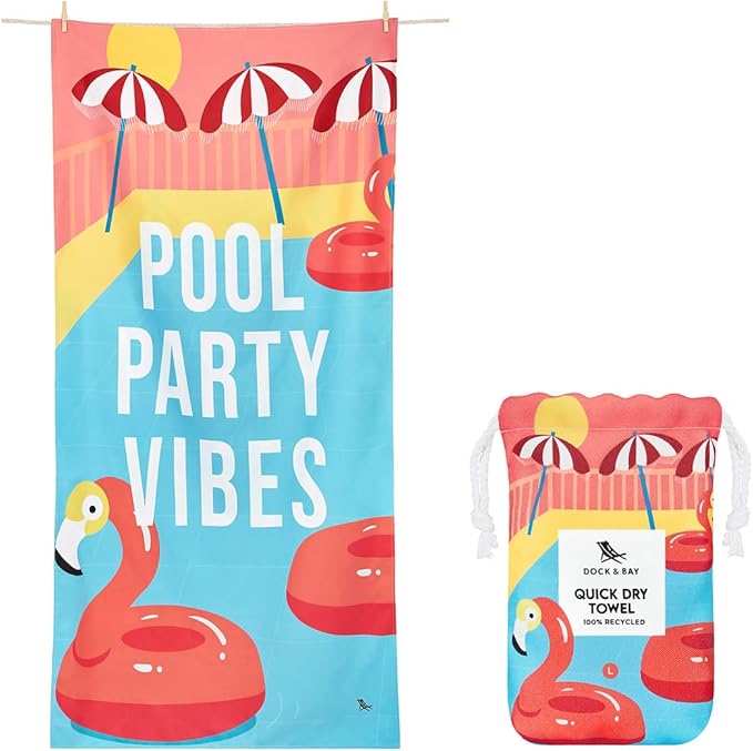 Dock & Bay Beach Towel - Quick Dry, Sand Free - Compact, Lightweight - 100% Recycled - Includes Bag - Pool Party Vibes - Large (160x90cm, 63x35)