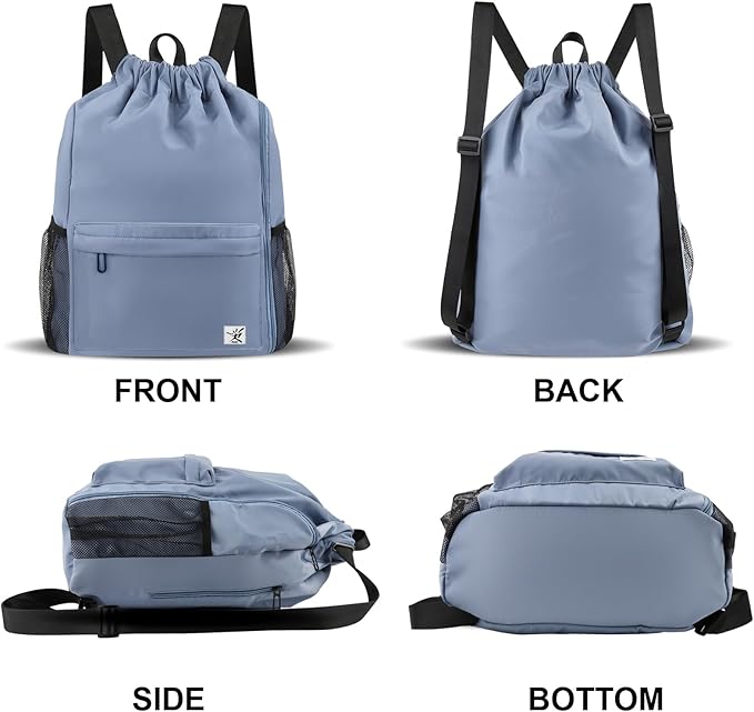 Drawstring Backpack with Mesh Pockets String Gym Bag Sackpack Sandproof Water Resistant Beach Backpack for Men Women