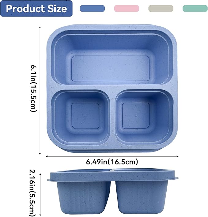 3 Compartment Snack Containers, 4 Pack Reusable Wheat Bento Snack Boxes, Stackable Divided Food Meal Prep Containers for Work, Travel (Green/Blue/PK/Beige, 3 Compartments)