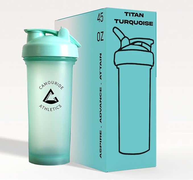 2 Pack 45 oz Protein Shaker Bottles with Wire Whisk – BPA-Free, Leak-Proof Shaker Cups for Protein Shakes & Smoothies – Large Plastic Mixer Bottle – Classic White Titan Turquoise