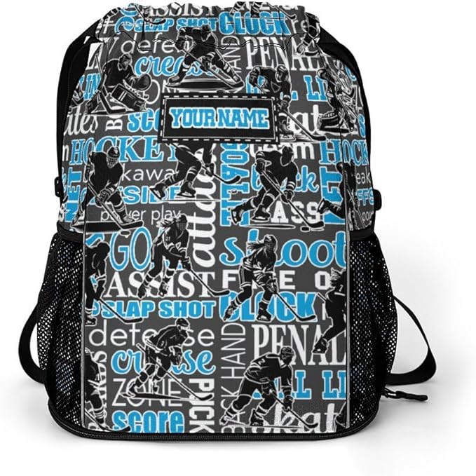 Custom Hockey Drawstring Backpack - Cool Cinch Sack, String Backpacks with Pocket for Kids Women Men Boys Girls for Gym Outdoor Sports Travel Athletic Drawstring Bag - Lightweight/Foldable