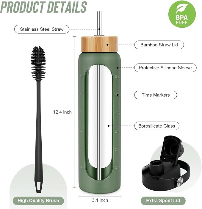 32 oz Glass Water Bottles - 1 Liter Motivational Tumbler With Time Marker - Borosilicate Glass With Silicone Sleeve and 2 Lids, Handle Spout & Bamboo Straw Lid
