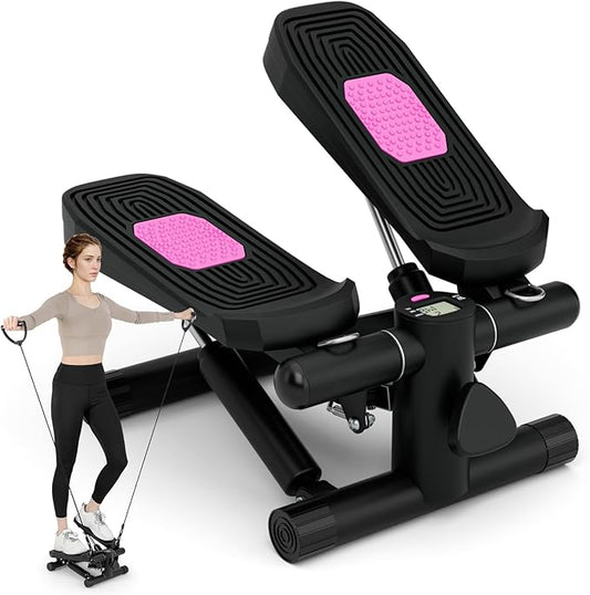GYMAX Steppers for Exercise at Home, Hydraulic Mini Stair Stepper with Resistance Bands & LCD Monitor, Portable Under Desk Cardio Equipment Step Machine for Home Gym
