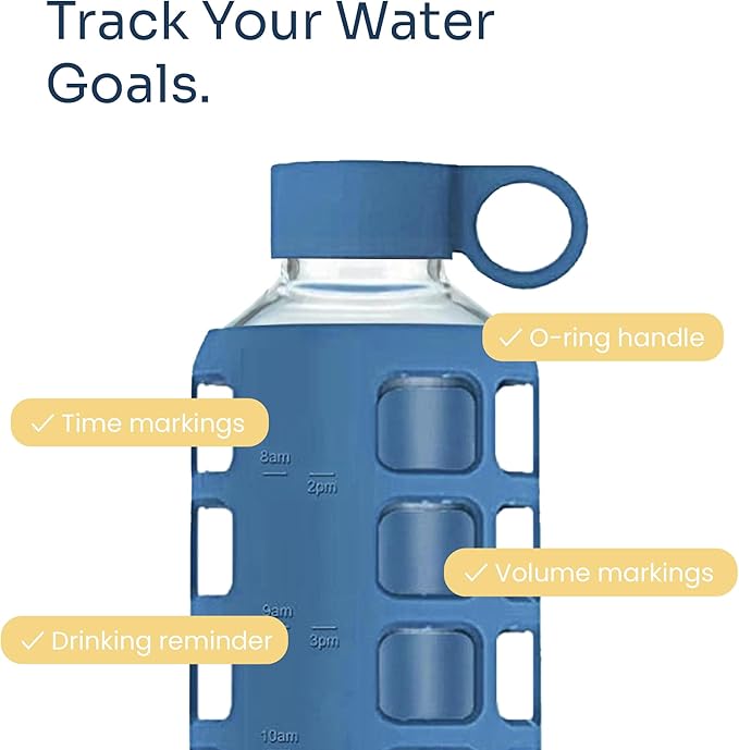 purifyou 40oz / 32oz / 22oz / 12oz Borosilicate Glass Water Bottle with Time & Volume Markers, Silicone Sleeve, Stainless Steel Lid | Reusable Glass Bottle for Water & Juice (22oz Chinese Porcelain)
