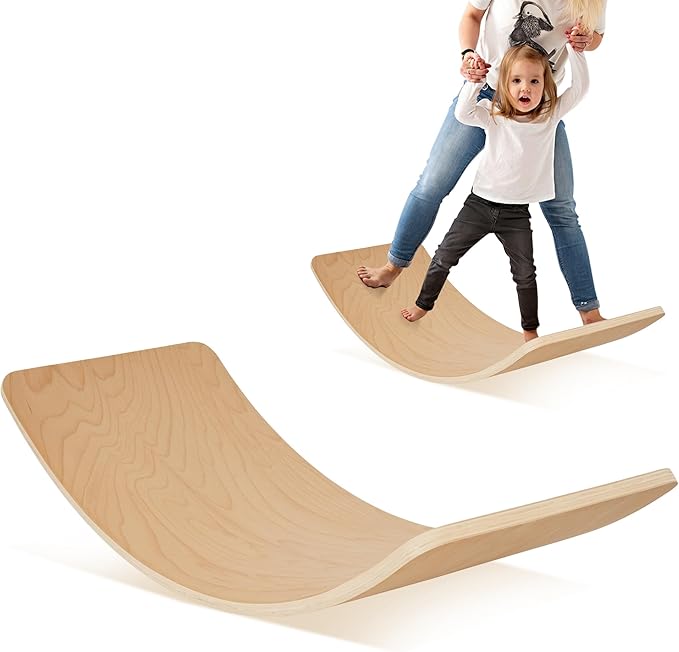 Balance Board, 32 Inch Wooden Wobble Board, Montessori Rocker Yoga Curvy Board Natural Wood, Open Ended Learning Toy, Sensory Play Equipment for Office & Classroom, Multiple Colors