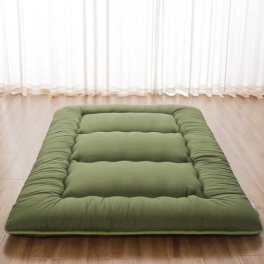 Japanese Floor Mattress, Futon Mattress with Portable Storage Bag and Washable Cover, Roll Up Thick Tatami Mat Suitable for Camping, Guest Room, Green, Full
