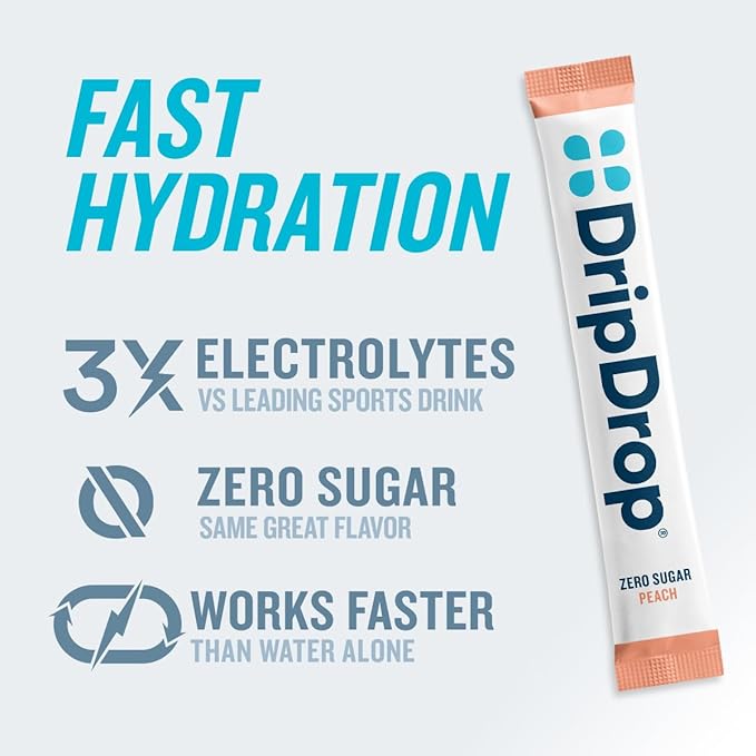 DripDrop Sugar Free Hydration Packets - Zero Peach - Single Serve Electrolytes Powder Drink Mix - Non-GMO, Gluten Free, Vegan - 32 Sticks