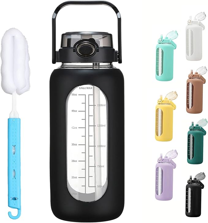 64oz Glass Water Bolttles with Straw Half Gallon Large Motivational Water Bottle with Time Marker Sports Water Bottles with Silicone Sleeve and Handle Lid Water Jug for Gym Workout