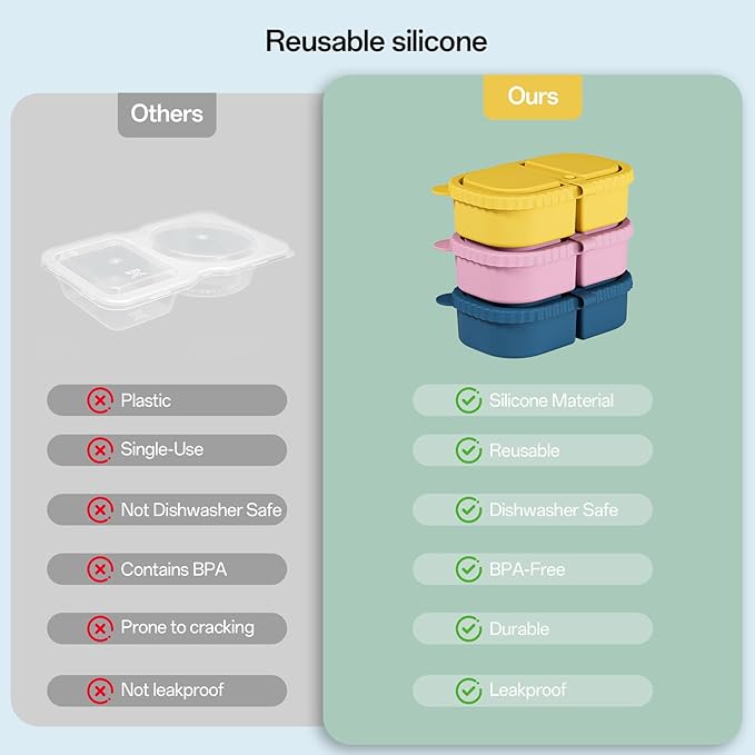 3 Pack Silicone Snack Containers with Lids – Reusable Double Compartment Snack Box, 8oz Mini Food Storage Containers for Sauce, Dip, Salad – Portable, Dishwasher & Microwave Safe