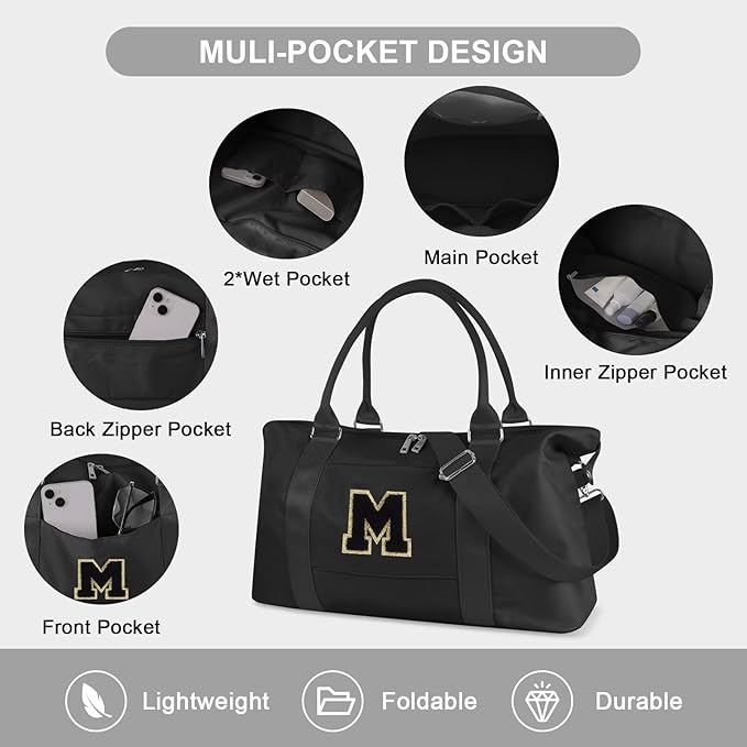 Dance Gym Duffel Bag for Teen Girls, Personalized Initial Travel Weekender Bag,Cute Overnight Carry On Duffle for Women,Sports Travel Cheer Bag,Monogram Christmas Gifts for Tween Preppy(black-M)