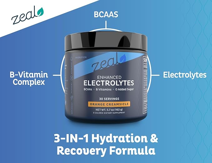 Zeal Electrolyte Powder Recovery Drink (30 Servings | Orange Creamsicle) w 0 Sugar +BCAAs +B-Vitamins Electrolyte Supplement w Potassium Zinc & Magnesium for Hydration - Keto Electrolytes