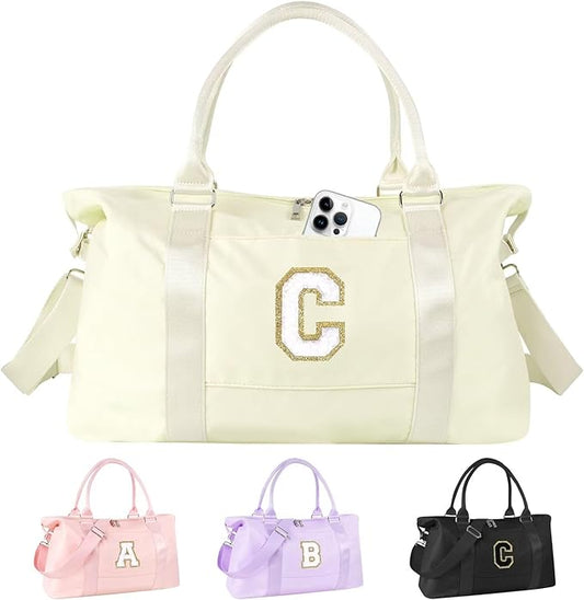 Dance Gym Duffel Bag for Teen Girls, Personalized Initial Travel Weekender Bag,Cute Overnight Carry On Duffle for Women,Sports Travel Cheer Bag,Monogram Christmas Gifts for Tween Preppy(beige-C)
