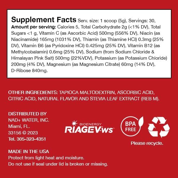 NAD+ Electrolyte Powder - Watermelon Flavor - Cellular Hydration & Healthy Aging Support - Only 5 Calories, No Added Sugar, Non-GMO - Essential Natural Electrolytes & Vitamins - 30 Servings
