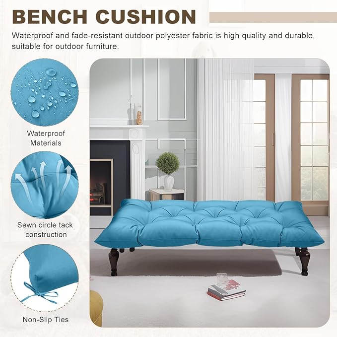 Outdoor Bench Cushion 60inches Waterproof & Fade Resistant Patio Furniture Cushions Tufted Fresh Porch Swing Lounger Loveseat Pads with Straps(Turquoise-60x20in)