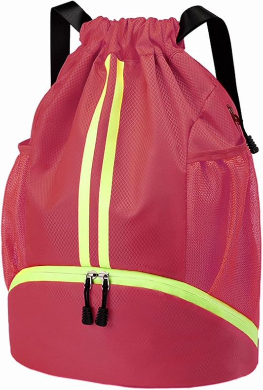 Hoedia Sports Drawstring Backpack - String Swim Gym Bag with Shoes Compartment and Wet Proof Pocket for Women/Men (Pink)