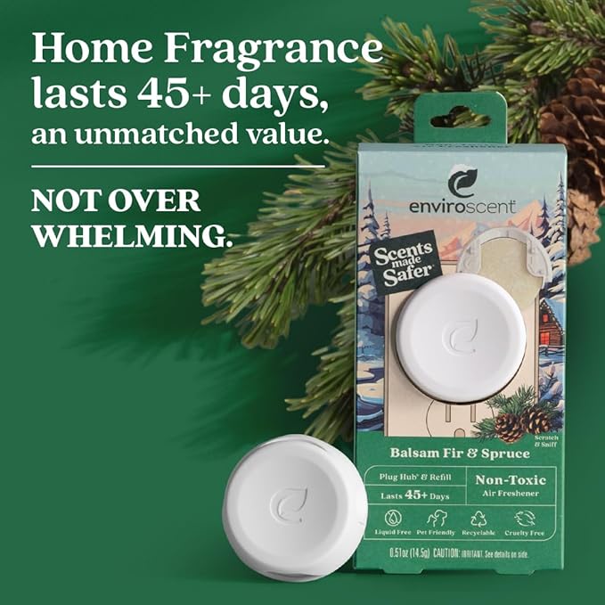 Enviroscent Non Toxic Air Freshener Plug-in Home Fragrance Last 45+ Days | Kit includes 1 Refillable Plug In Warmer & 1 Scent Refill (Balsam Fir & Spruce)