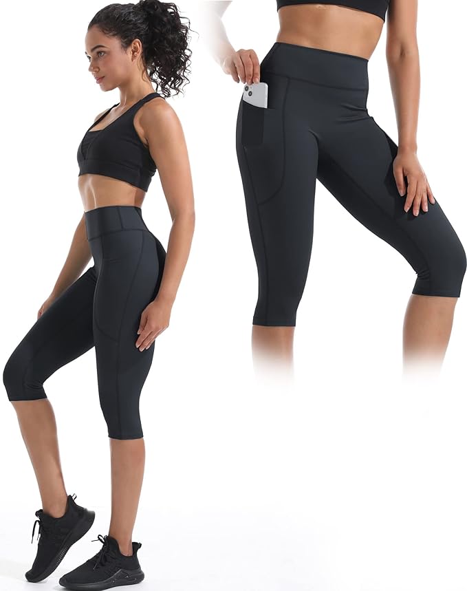 NELEUS Women's Tummy Control High Waist Capri Running Leggings Yoga Pants with Pocket