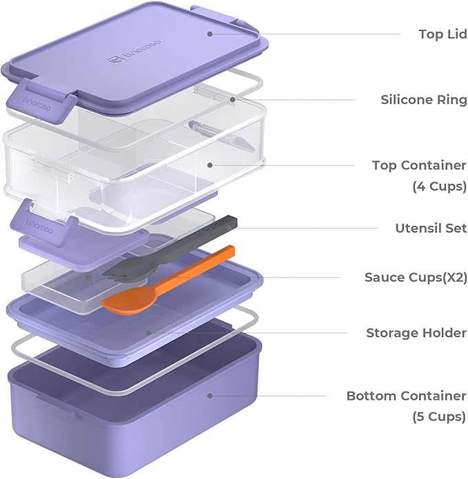 linoroso Stackable Bento Box Adult Lunch Box | Meet All You On-the-Go Needs for Food, Salad and Snack Box, Premium Bento Lunch Box for Adults Include Utensil Set, Dressing Containers - Veri Peri