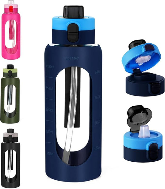 ANOTION 40OZ Glass Water Bottle, Large Sports Water Bottle with Dual-Drink Lid Clear Leakproof Glass Bottles with Straw, Motivational Jug with Silicone Sleeve and Time Marker for Travel Gym-Blue