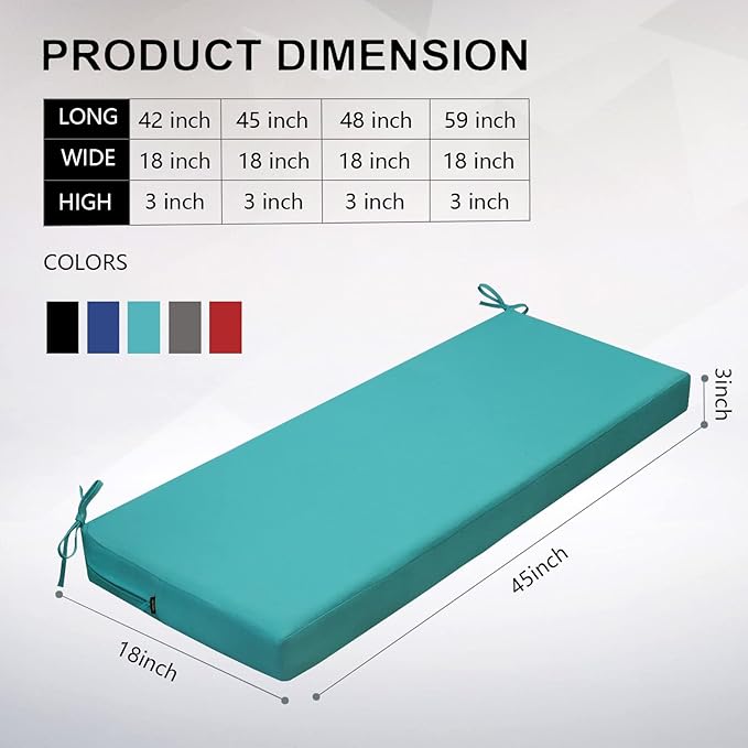 idee-home Outdoor Bench Cushion Waterproof, Bench Cushions for Outdoor Furniture, Patio Porch Swing Replacement Seat Pad with Ties for Garden Backyard, 45 x 18 Inch Peacock Blue