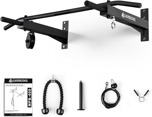 LIONSCOOL Multifunctional Wall Mounted Pull Up Bar with Pulley System, 48" and 16"/24" Multi-Grip Chin Up Bar, Cable Pulley Attachments Included, Perfect for Upper Body Workouts