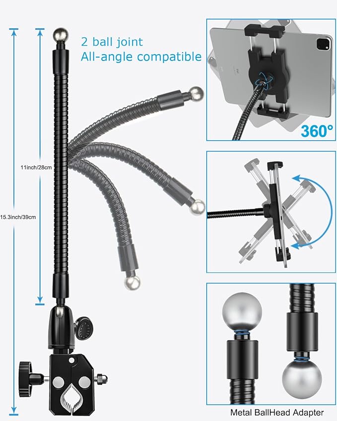 Gooseneck Metal Spin Bike Tablet Holder Mount, Indoor Handlebar iPad Holder for Treadmill, Exercise Bike, Stationary Bicycle, Peloton, Elliptical for iPad Pro 12.9 Air Mini, Galaxy Tabs, Phones(4-13”)