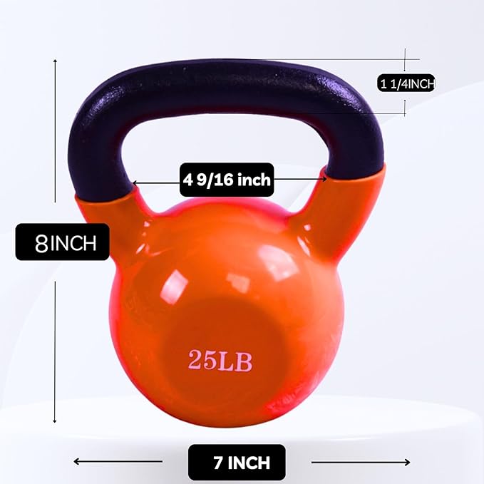 BESEA Orange Vinyl Coated Kettlebell 20~45LBS, Wide Grip Handle, Stable Flat Base, Strength Training, Durable kettle bells