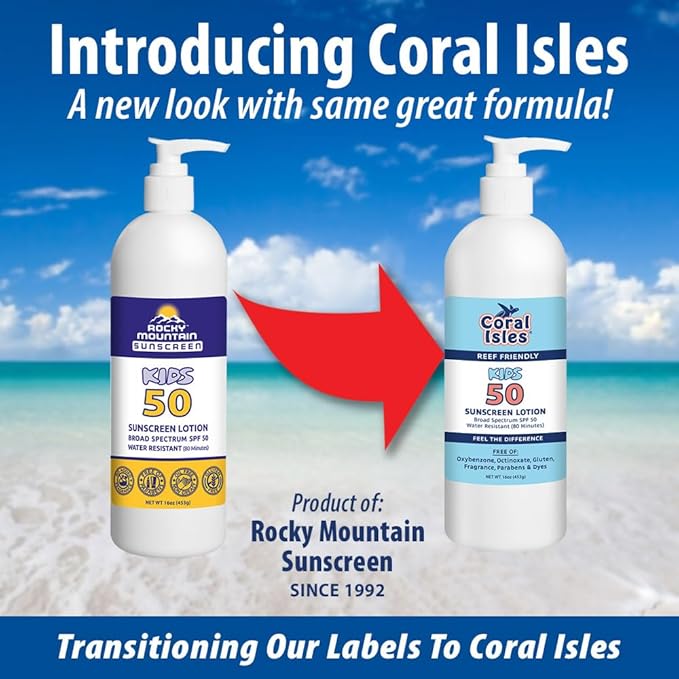 Coral Isles by Rocky Mountain Sunscreen | SPF 50 KIDS Lotion | Broad Spectrum UVA/UVB Protection | Hawaii Reef-Safe Act Compliant | Oxybenzone & Octinoxate Free | Water Resistant 80 Min. | 16 Fl Oz