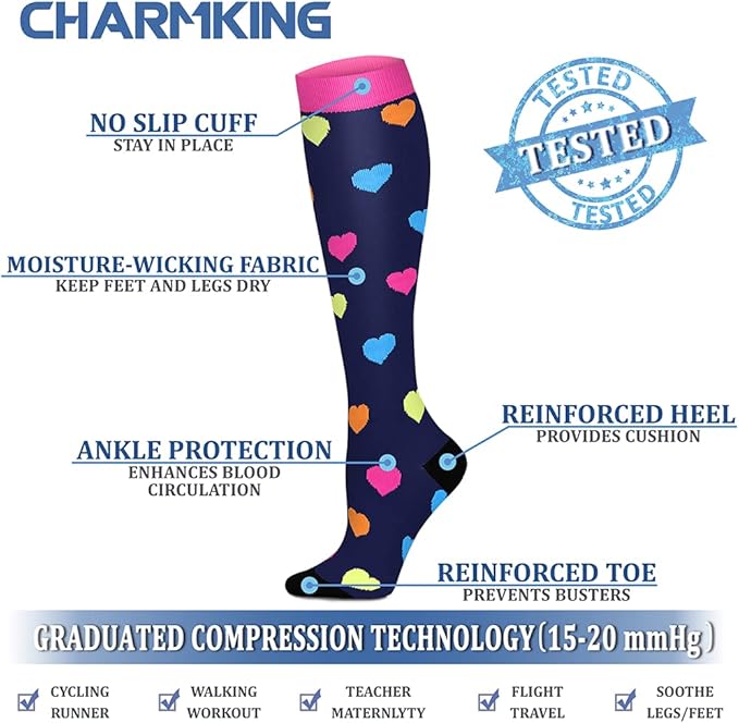 CHARMKING Compression Socks for Women & Men Circulation (8 Pairs) 15-20 mmHg is Best Support for Athletic Running,Hiking