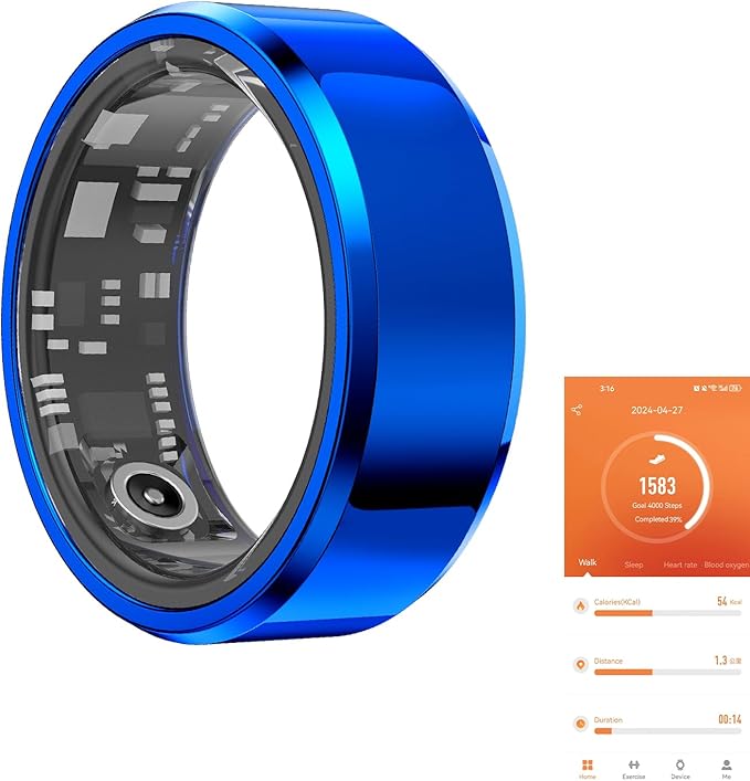 Fitness Tracker Smart Ring,Step Counter,Heart Rate Blood Oxygen Sleep Tracker Health Ring, 5ATM Waterproof Long Battery Life Smart Rings Compatible with iOS & Android (Blue, US 10)