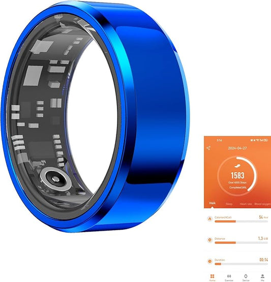 Fitness Tracker Smart Ring,Step Counter,Heart Rate Blood Oxygen Sleep Tracker Health Ring, 5ATM Waterproof Long Battery Life Smart Rings Compatible with iOS & Android (Blue, US 10)