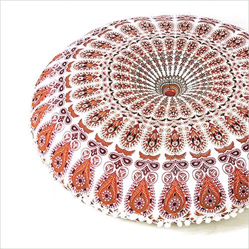 Eyes of India - Mandala Floor Pillow Cover Meditation Cushion Seating Throw Hippie Round Colorful Decorative Bohemian Indian Pouf Ottoman Handmade Cover ONLY (N1 Orange, 32" x 32")